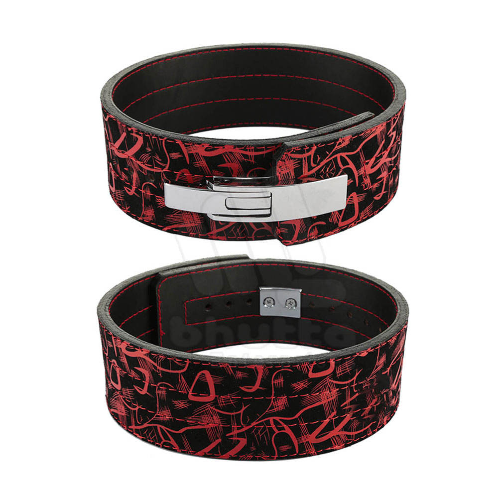 Red and black weightlifting lever belt with steel buckle designed for bodybuilding, powerlifting, back support, and gym training.